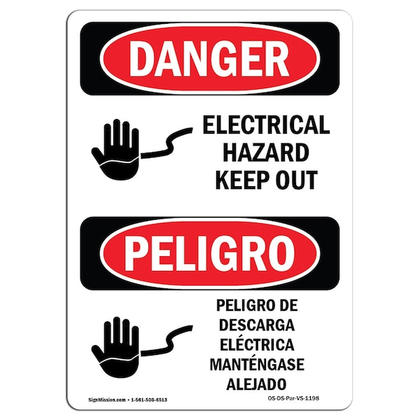 Safety Sign, OSHA Danger, 5" Height, Electrical Hazard Keep Out Spanish, 10PK